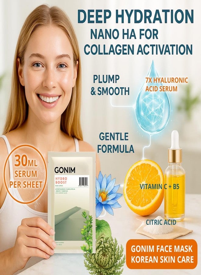 GONIM Face Mask Korean Skin Care with Hyaluronic Acid Serum, Collagen Activation, Vitamin C-Face Masks Skincare Hydration, Moisturizing Sheet Mask, Travel Essentials, Korean Face Mask 30ml x10pcs - Image 2
